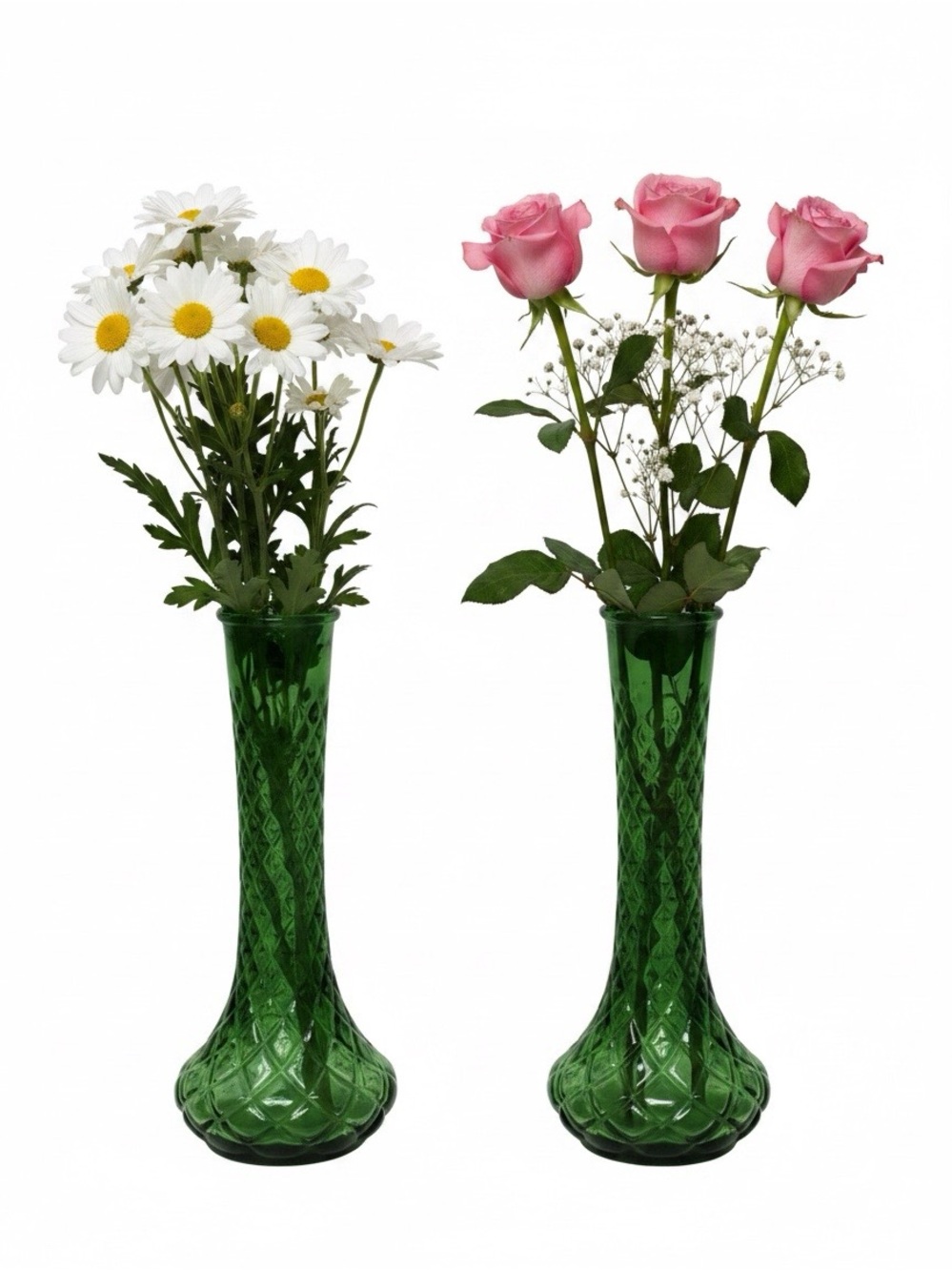 Vintage Set Hoosier Emerald Green Diamond Shape Glass Vases 4095 #17&18